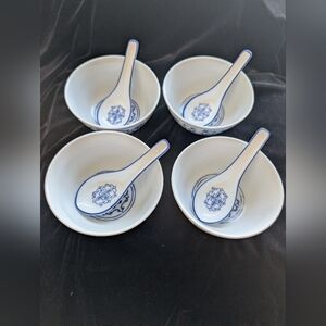 Japanese Blue and White Porcelain Bowl Set With Spoons
